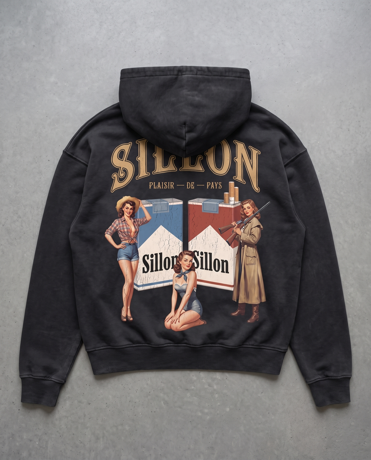 Hoodie lourd « Plaisir de Pays » — noir délavé