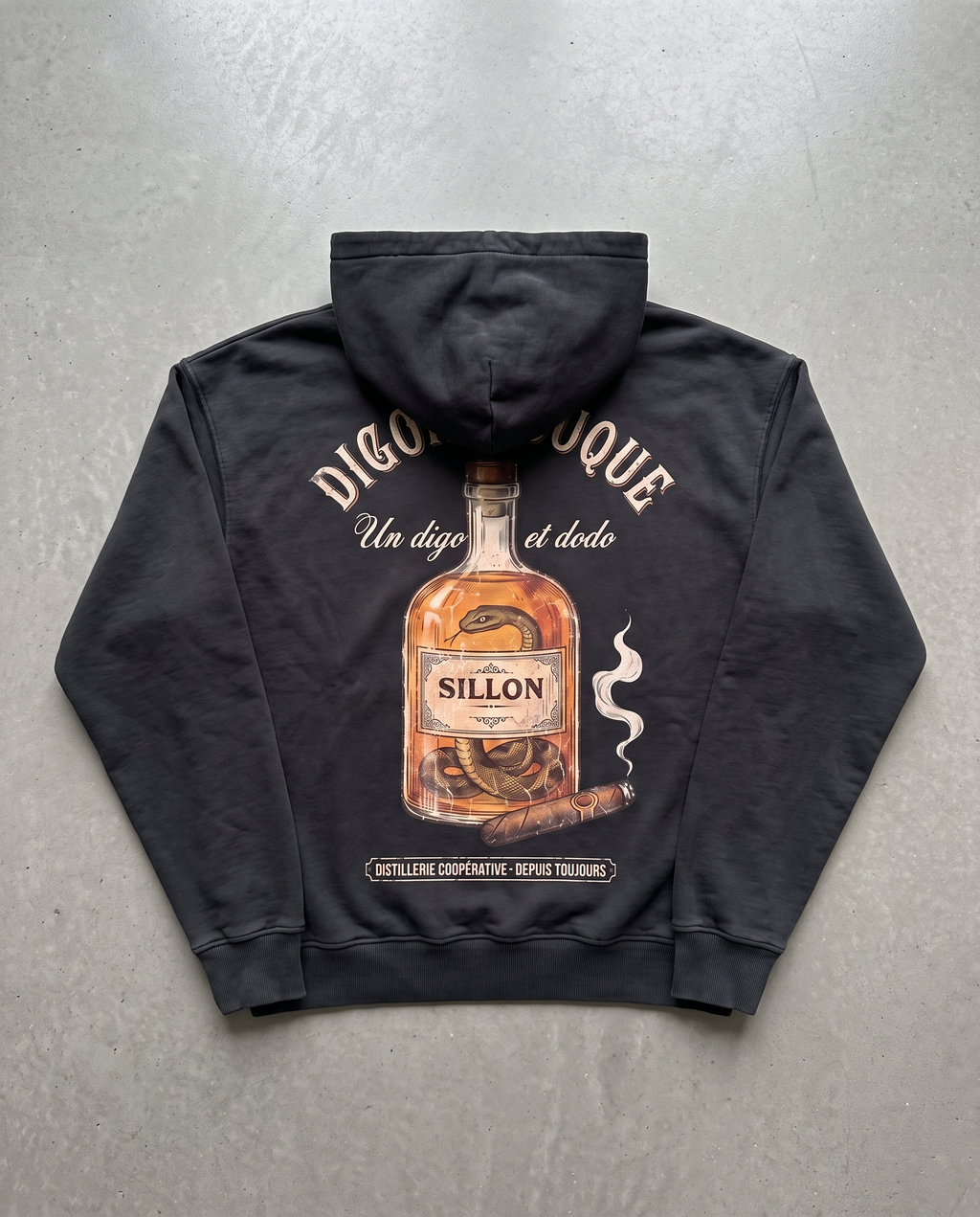 Hoodie lourd « Digo d'époque » — noir délavé