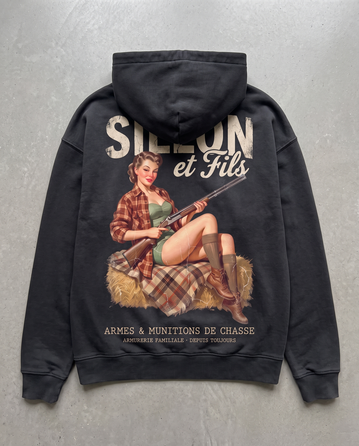 Hoodie lourd « Sillon & Fils » — noir délavé