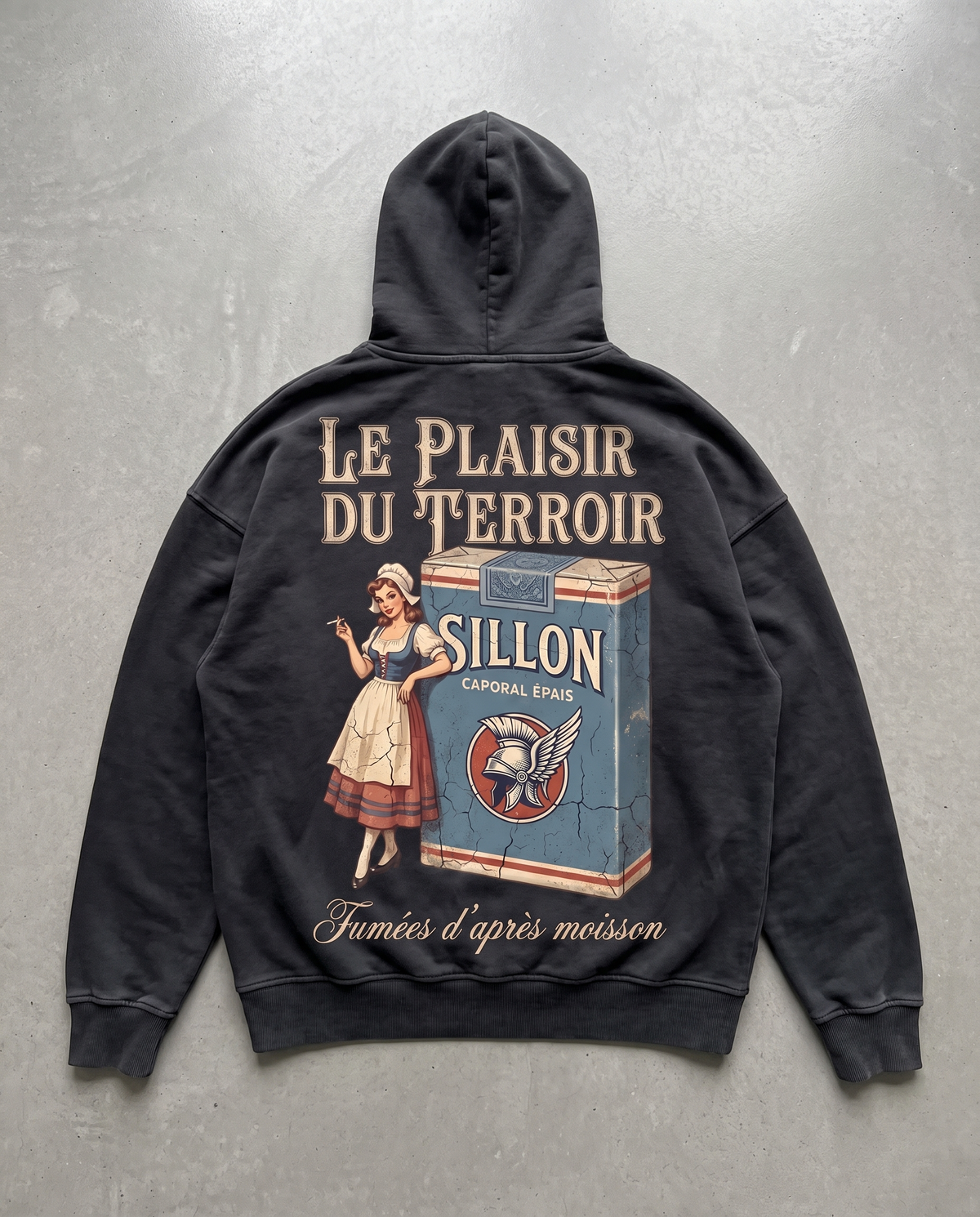 Hoodie lourd « Le Plaisir du Terroir » — noir délavé