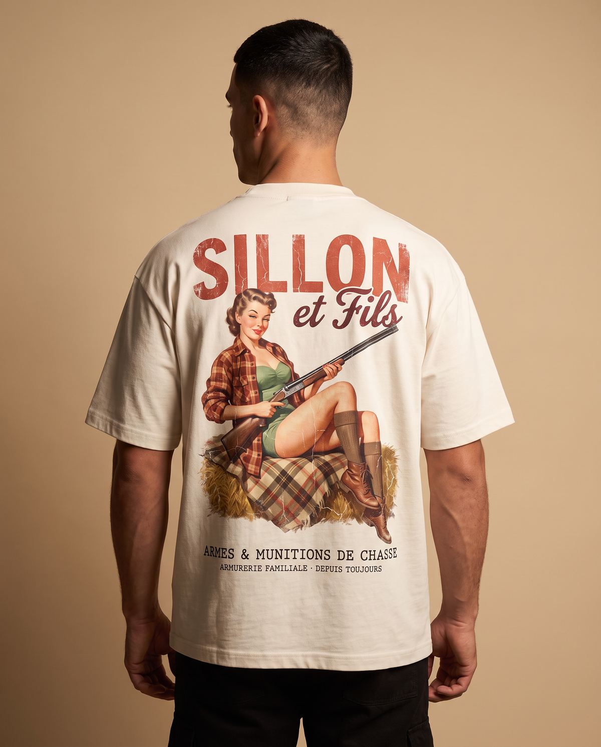 Tee lourd « Sillon & Fils » — écru — porté homme de dos