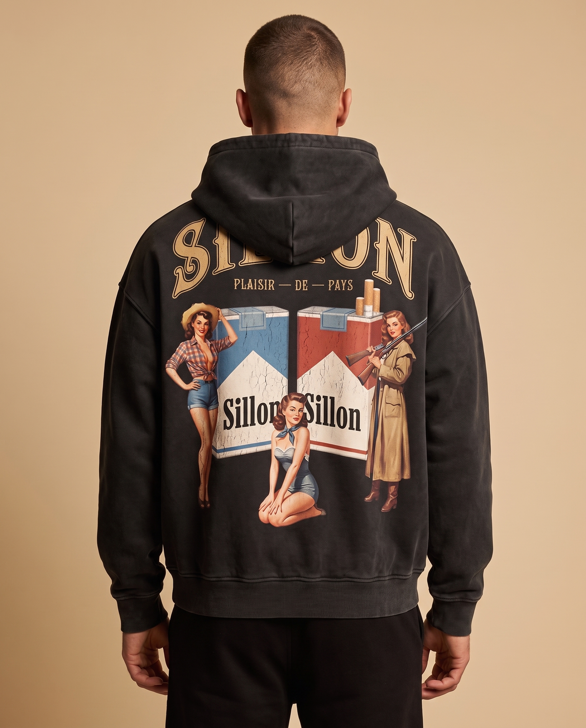 Hoodie lourd « Plaisir de Pays » — noir délavé