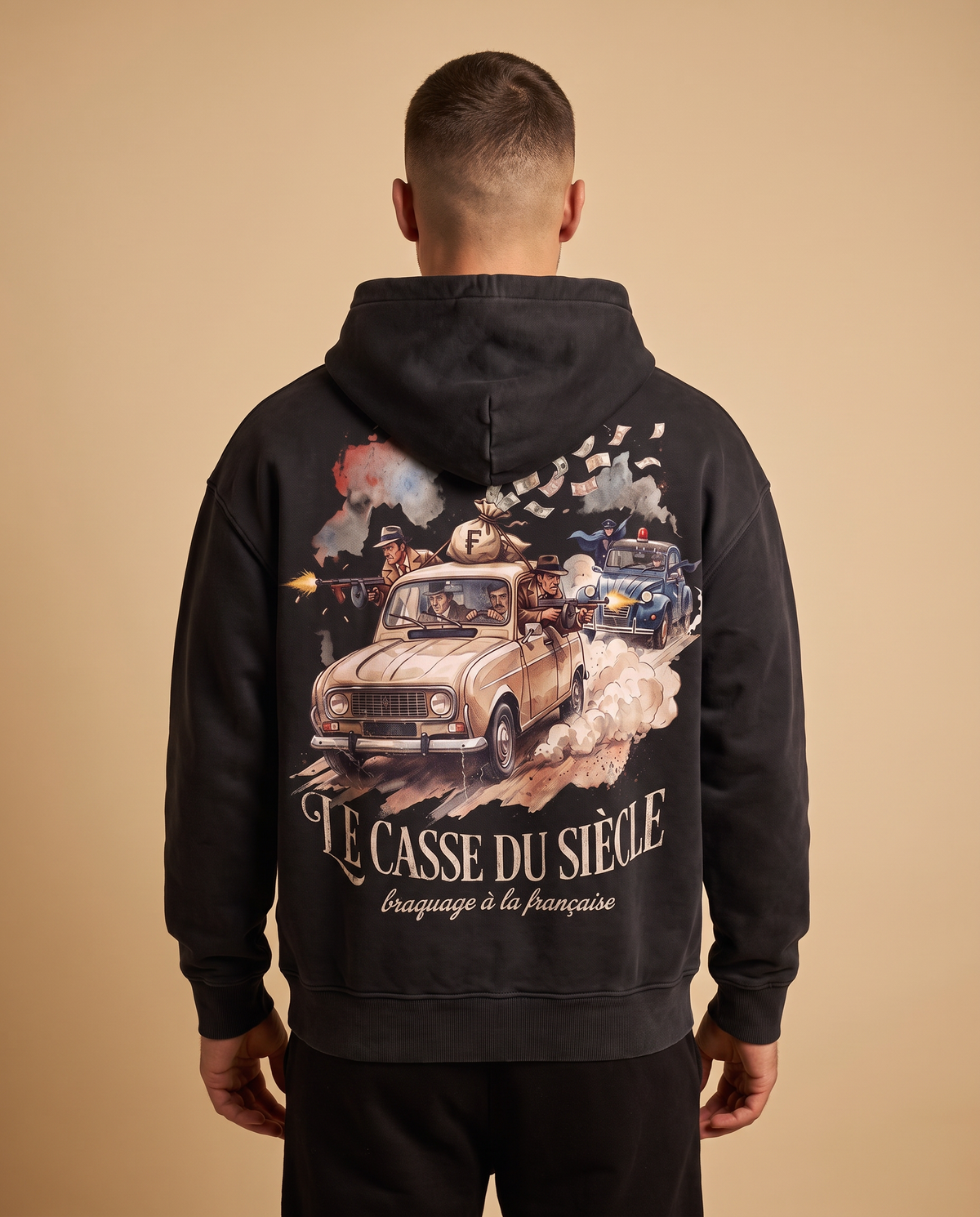 Hoodie lourd « Le Casse du Siècle » — noir délavé