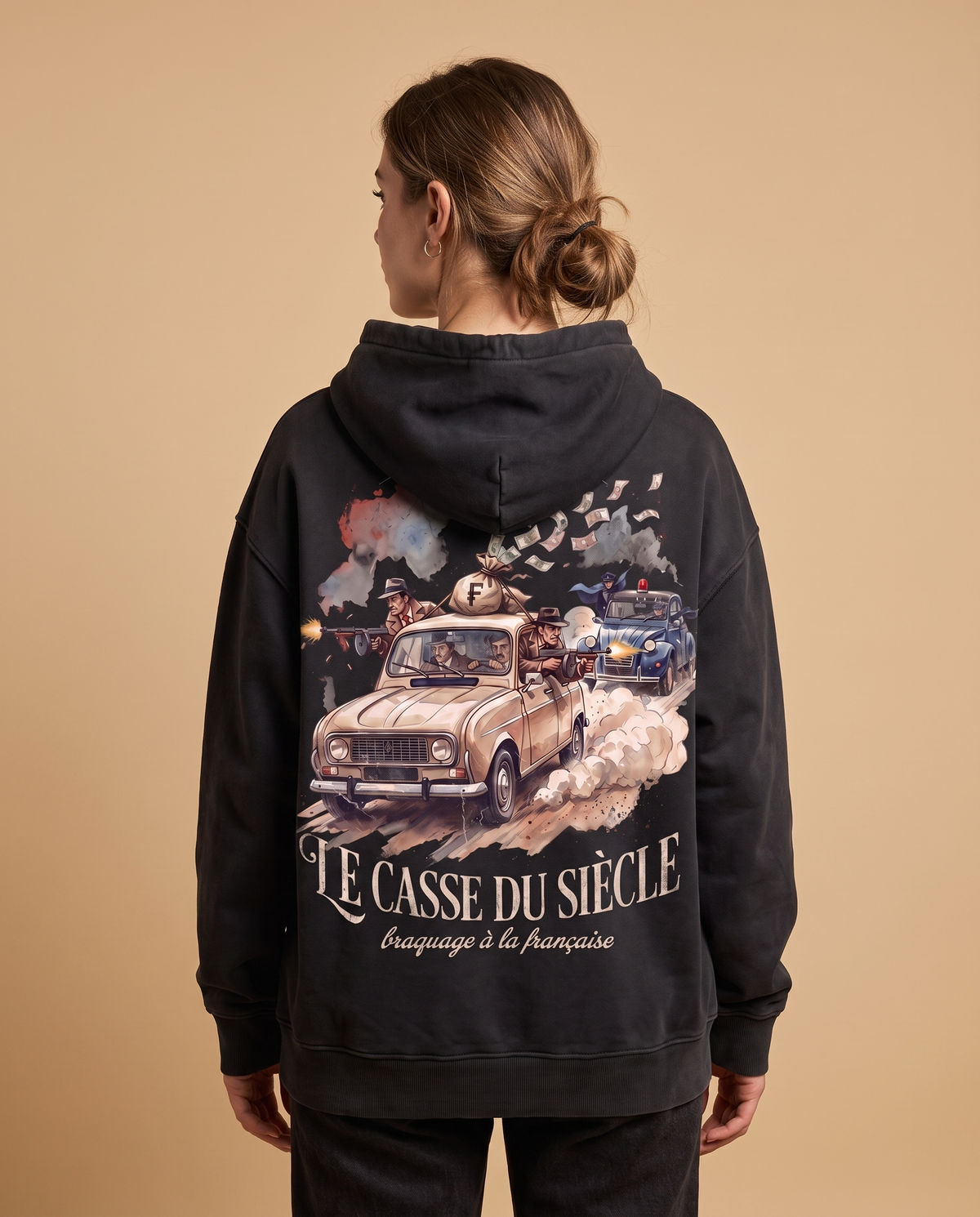 Hoodie lourd « Le Casse du Siècle » — noir délavé
