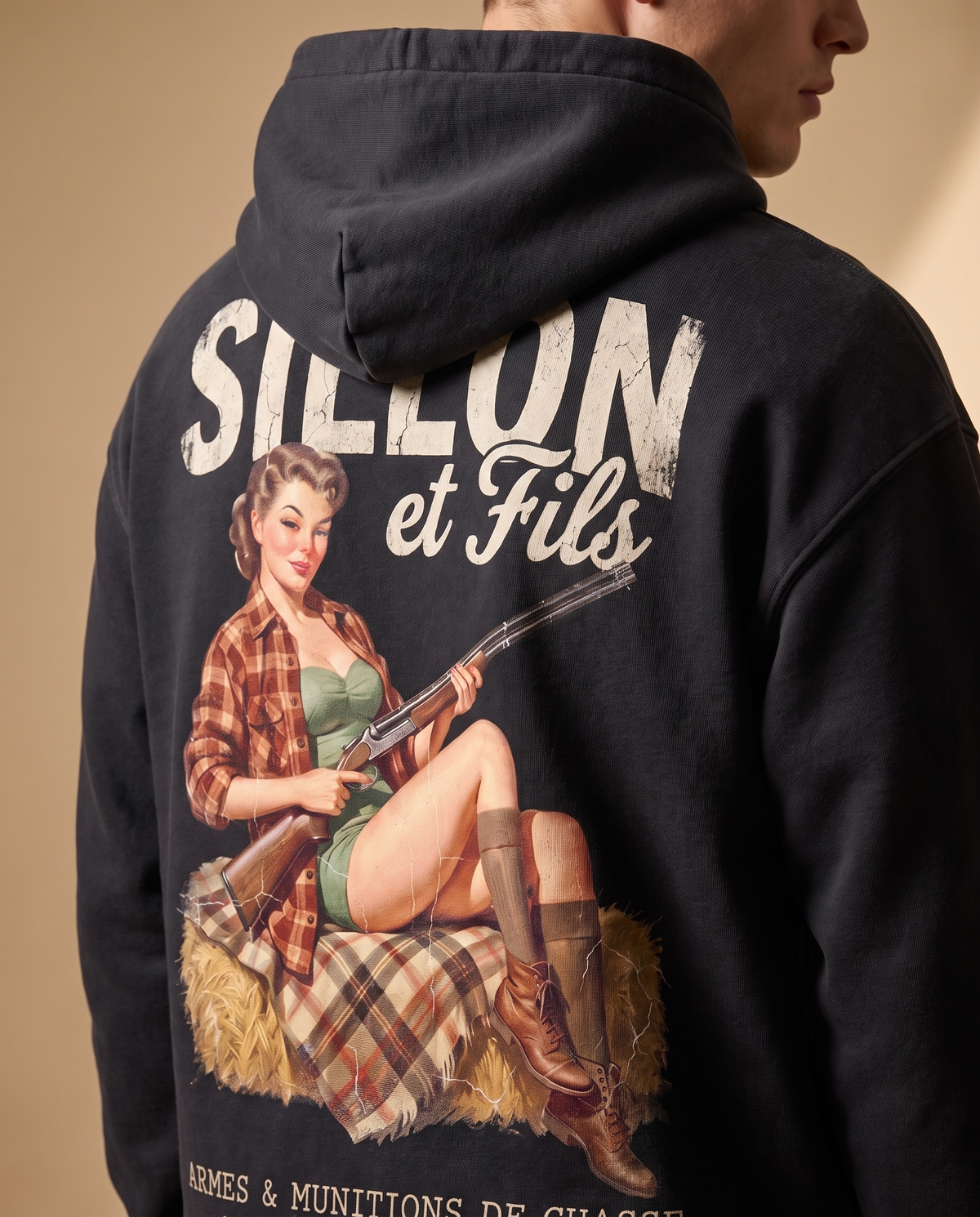 Hoodie lourd « Sillon & Fils » — noir délavé