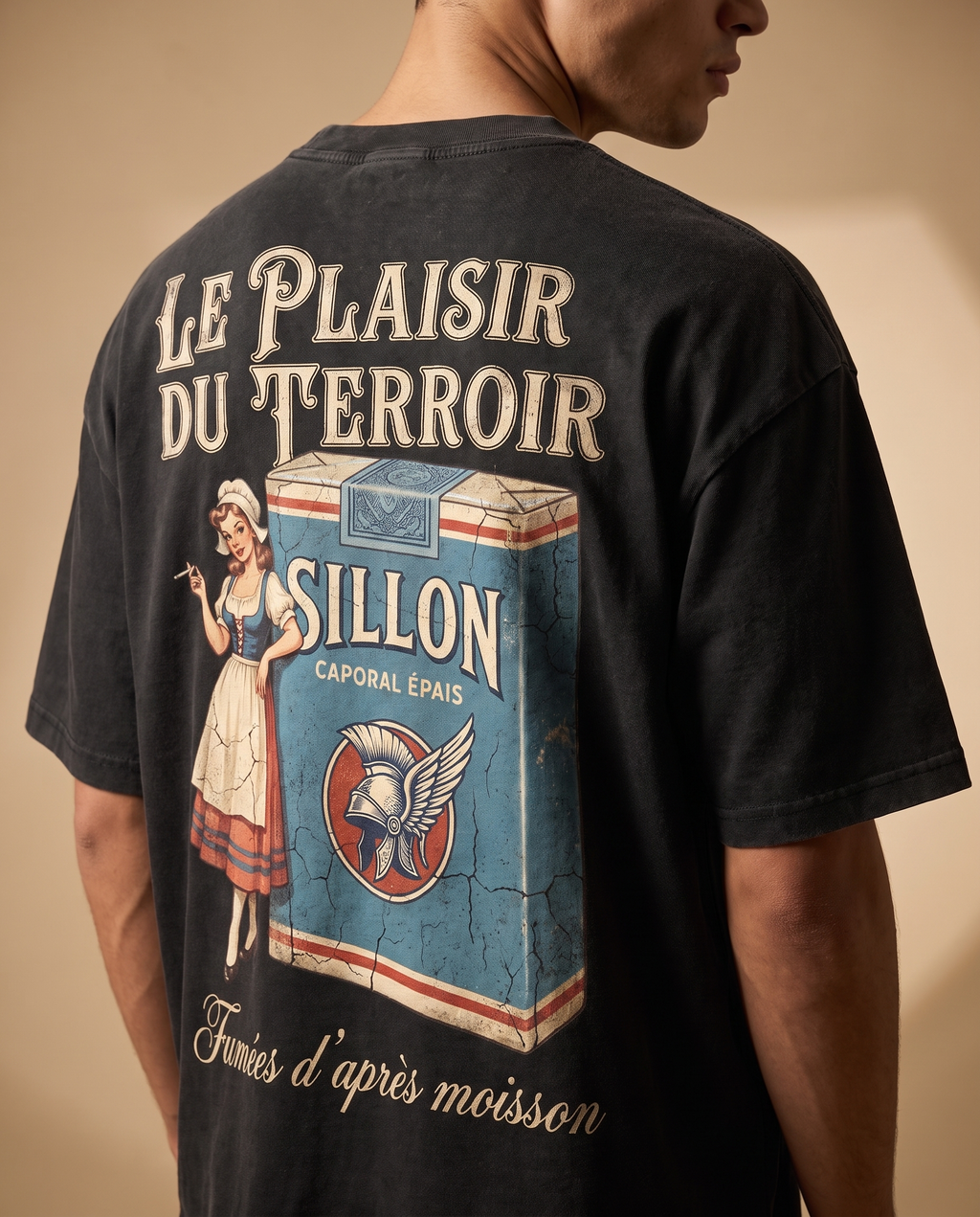 Tee lourd « Le Plaisir du Terroir » — noir délavé — zoom impression dos