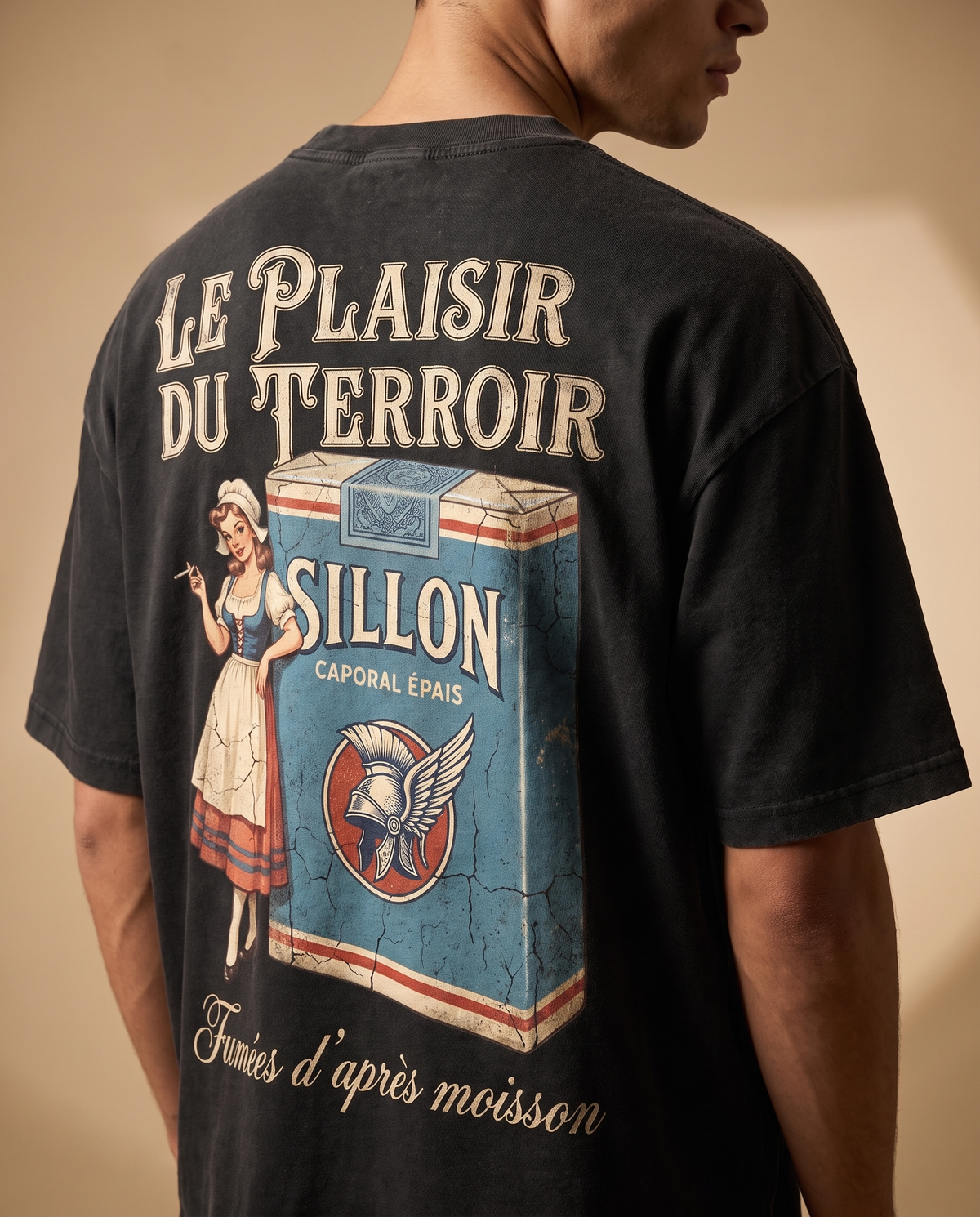 Tee lourd « Le Plaisir du Terroir » — noir délavé — zoom impression dos