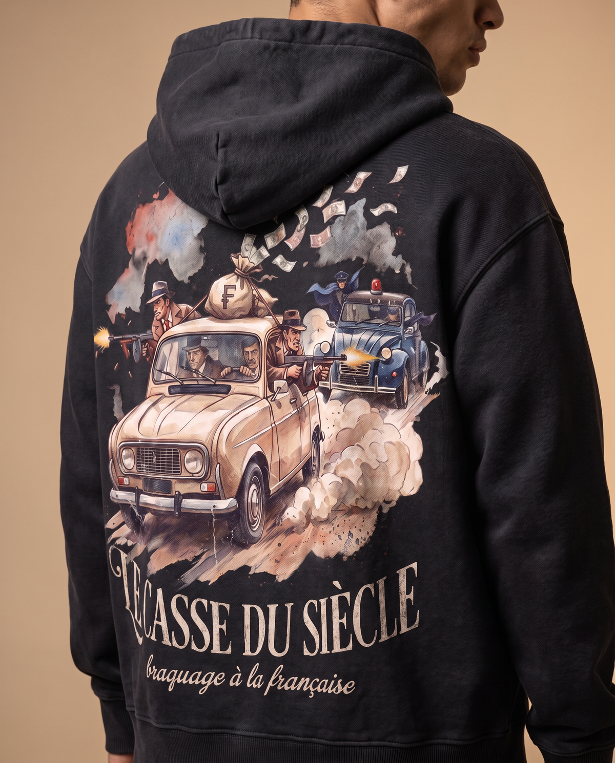 Hoodie lourd « Le Casse du Siècle » — noir délavé