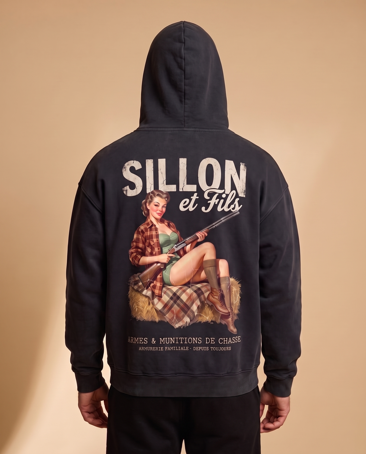 Hoodie lourd « Sillon & Fils » — noir délavé