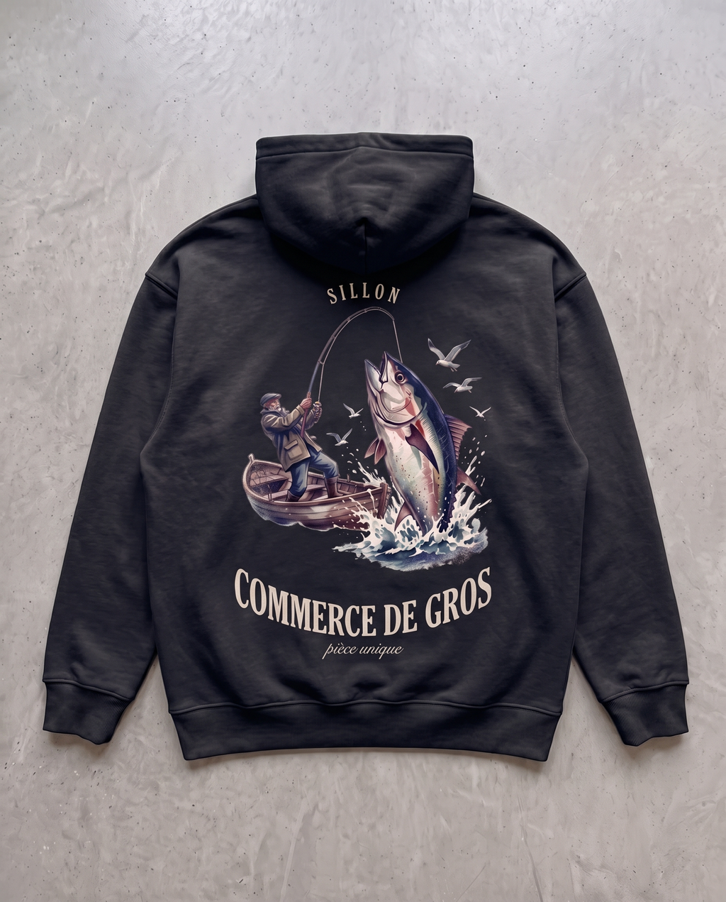 Hoodie lourd « Commerce de Gros » — noir délavé
