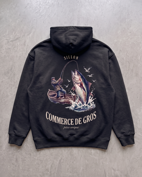 Hoodie lourd « Commerce de Gros » — noir délavé