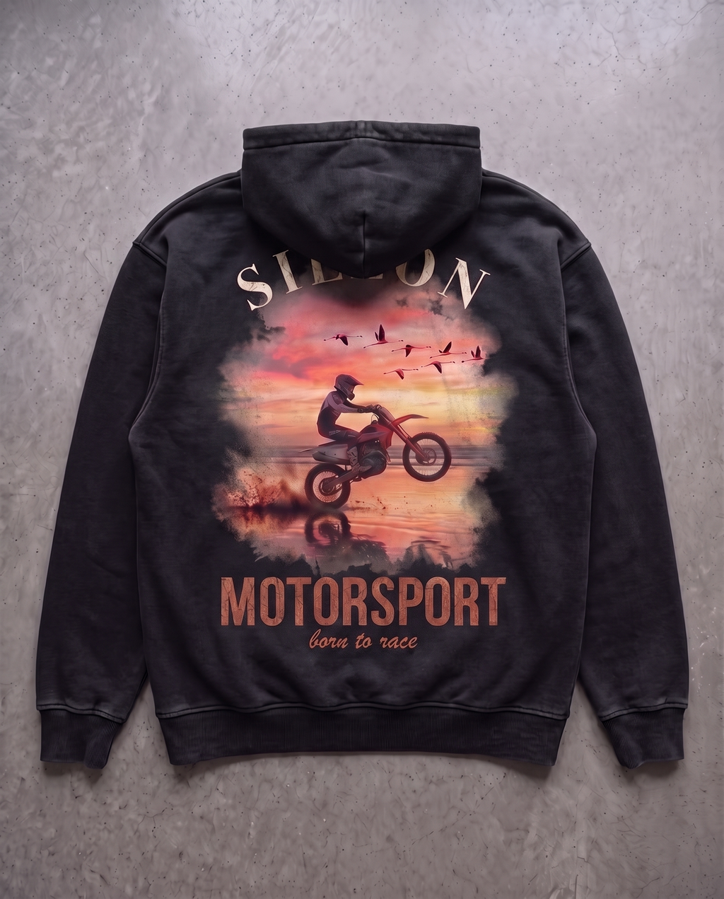 Hoodie lourd « Motorsport » — noir délavé