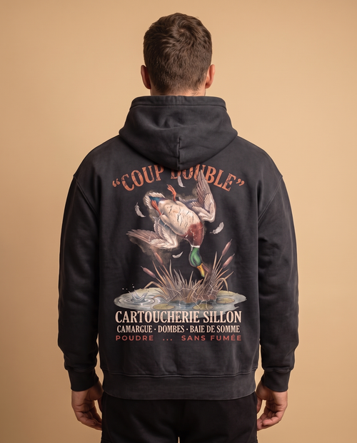 Hoodie lourd « Coup Double » — noir délavé