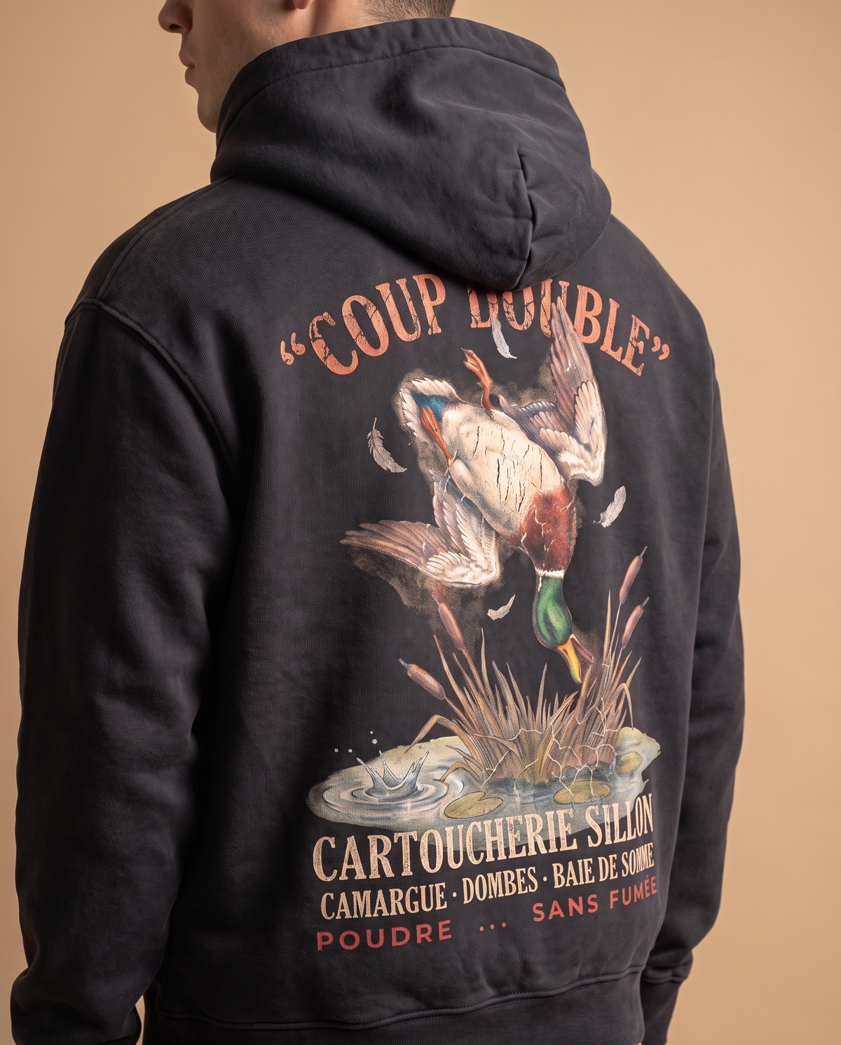 Hoodie lourd « Coup Double » — noir délavé