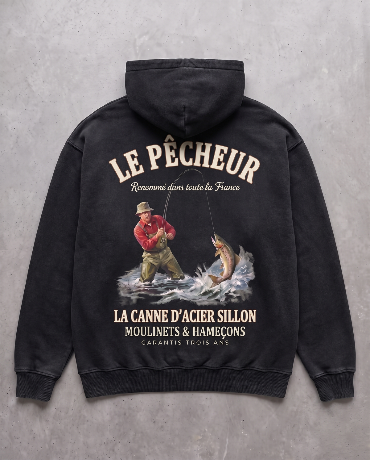 Hoodie lourd « Le Pêcheur » — noir délavé