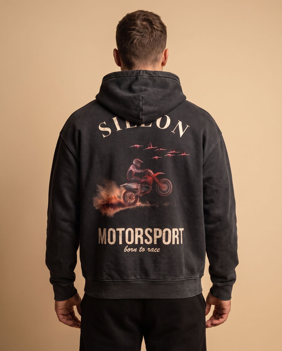 Hoodie lourd « Motorsport » — noir délavé