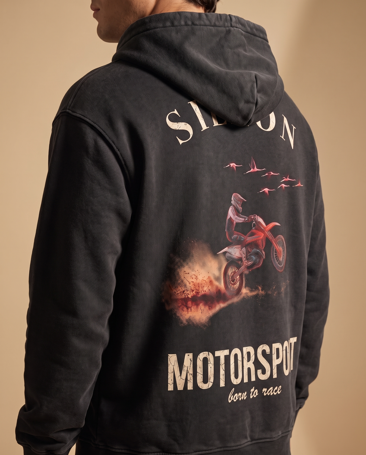 Hoodie lourd « Motorsport » — noir délavé