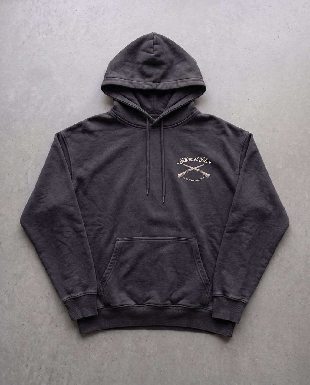 Hoodie lourd « Sillon & Fils » — noir délavé